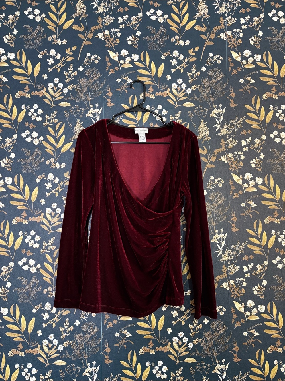 Soft Surroundings Burgundy Velvet Draped Long-Sleeve Top Size S